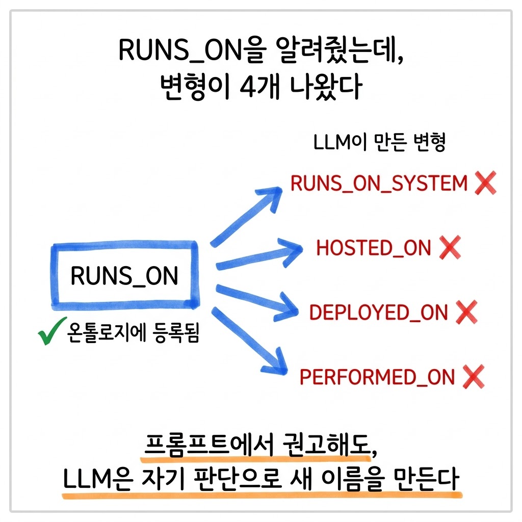 LLM한테 RUNS_ON을 쓰라고 했는데, HOSTED_ON을 만들어왔습니다