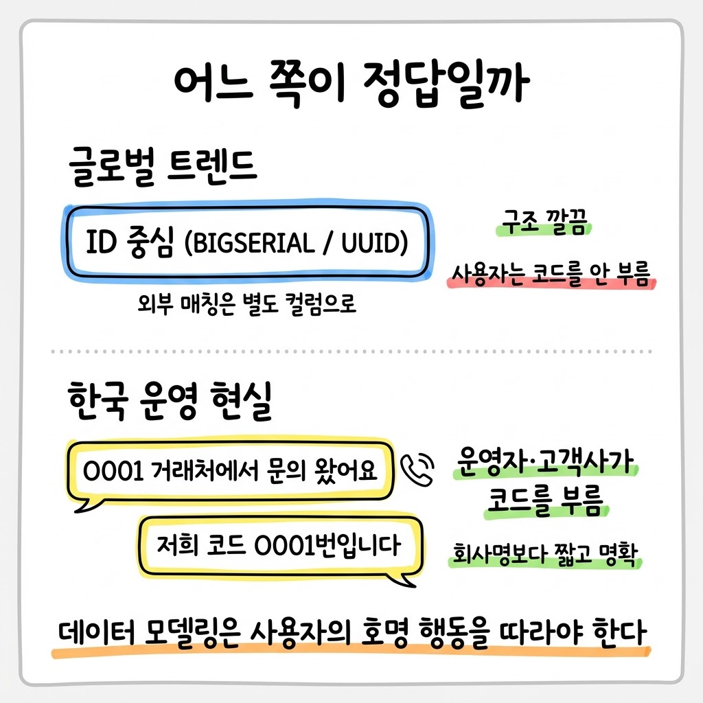 거래처 코드 한 줄을 어떻게 둘까 — 모던 트렌드와 한국 운영 현실 사이