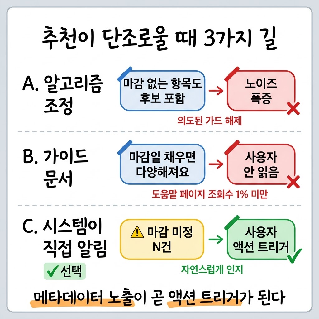추천이 매번 같은 5건이었습니다 - 사용자가 추론하기 전에 시스템이 먼저 말해야 합니다