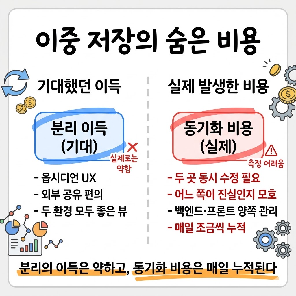 데이터를 두 곳에 두지 마라 — 옵시디언 친화 설계를 폐기한 회고