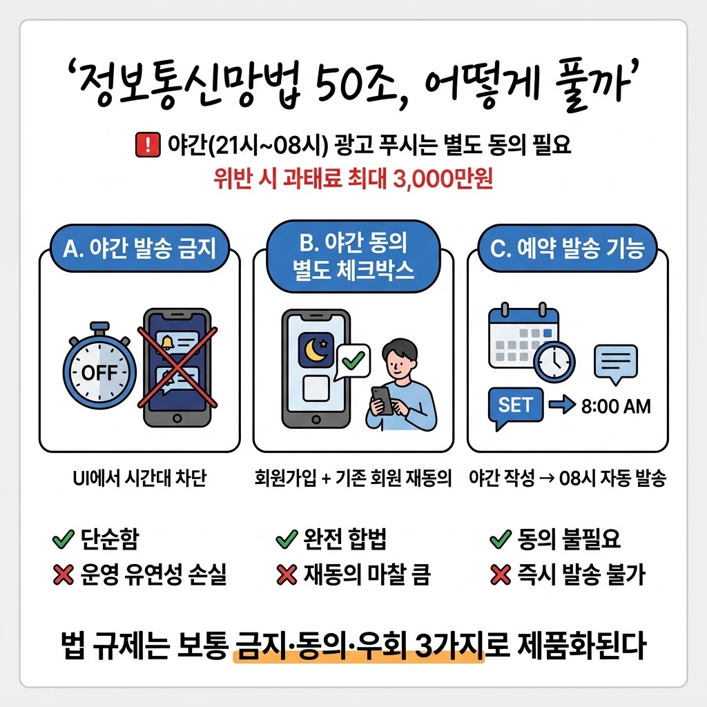 야간 광고 푸시, 합법적으로 보내는 3가지 길 — 정보통신망법 50조를 제품에 녹이는 법 그림 1