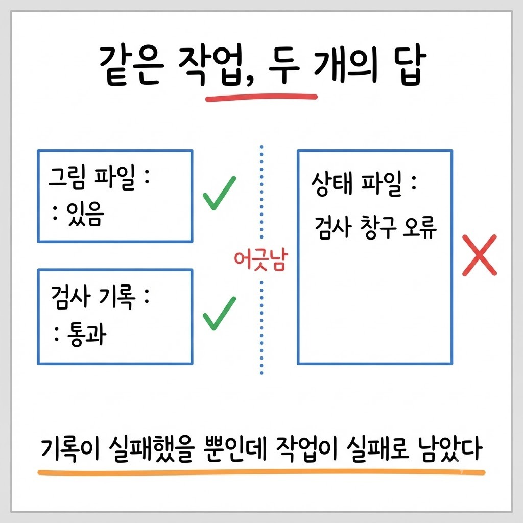 그림 파일과 검사 기록은 통과인데 상태 파일만 실패로 적힌 어긋남을 좌우로 대비한 그림