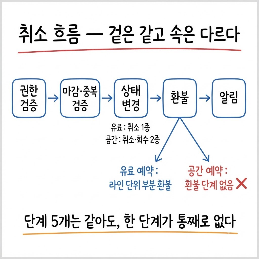 취소 흐름 5단계의 공통 순서와 환불 단계에서 유료 예약·무료 공간 예약이 갈리는 지점