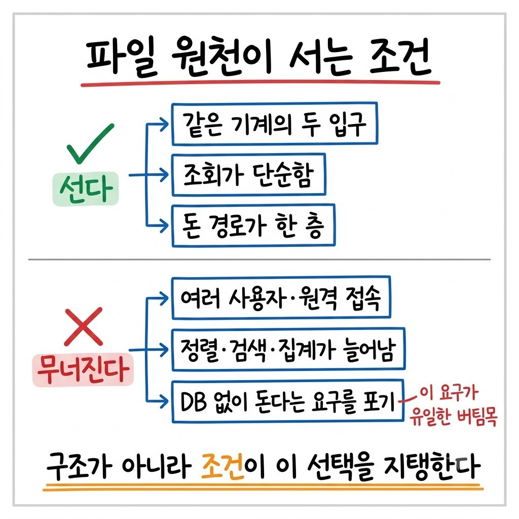 파일 원천 구조가 성립하는 조건과 무너지는 조건을 위아래로 나눠 정리한 판단표