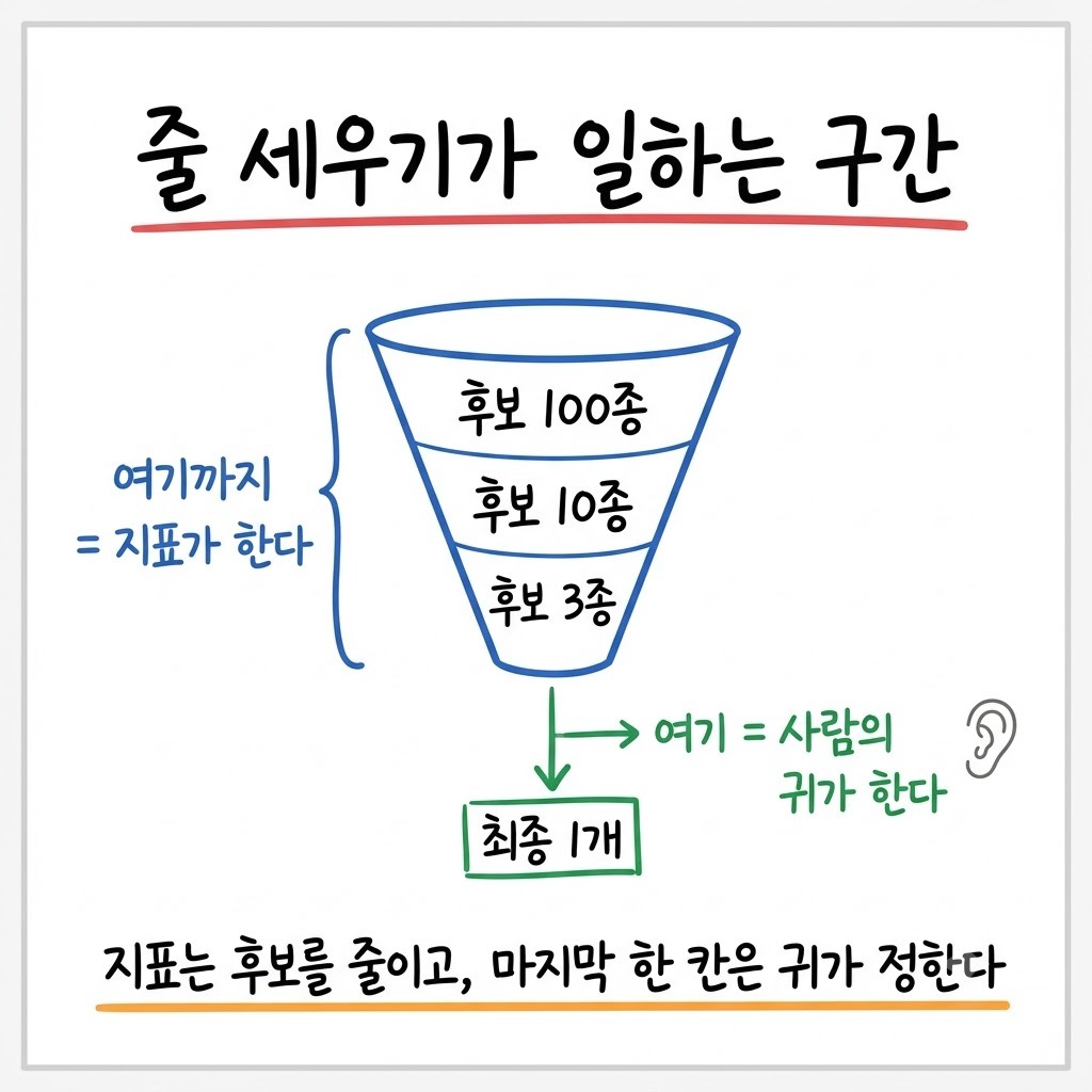 백 종에서 셋까지는 지표가 줄이고 마지막 한 칸은 사람이 고르는 깔때기 그림