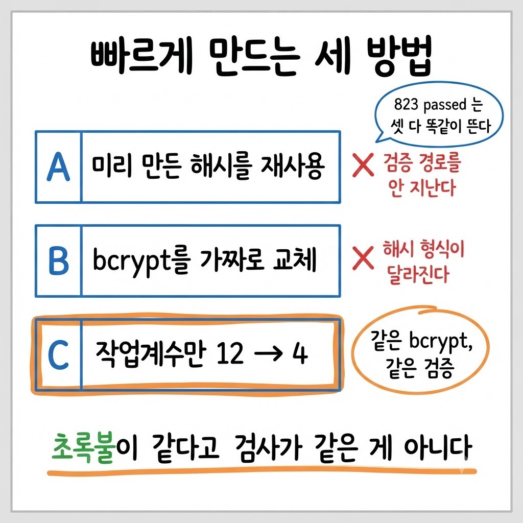 테스트를 빠르게 만드는 세 방법 A·B·C 비교 — 둘은 검사가 빠지고 하나만 검사가 그대로