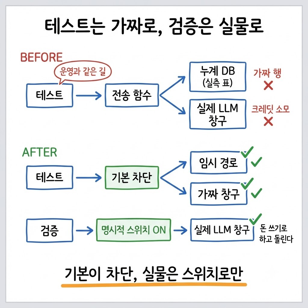 테스트가 운영과 같은 길을 타 실측 표와 실제 LLM 창구에 닿던 BEFORE 와, 기본 차단 뒤 명시적 스위치로만 실물 검증하는 AFTER