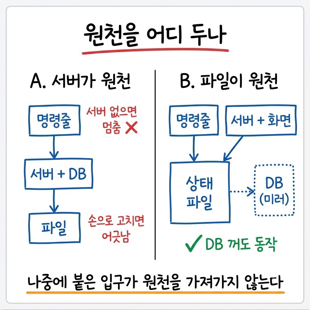 파일이 원천이고 명령줄과 화면이 같은 파일을 보는 구조를 서버 원천 구조와 좌우로 비교한 도식