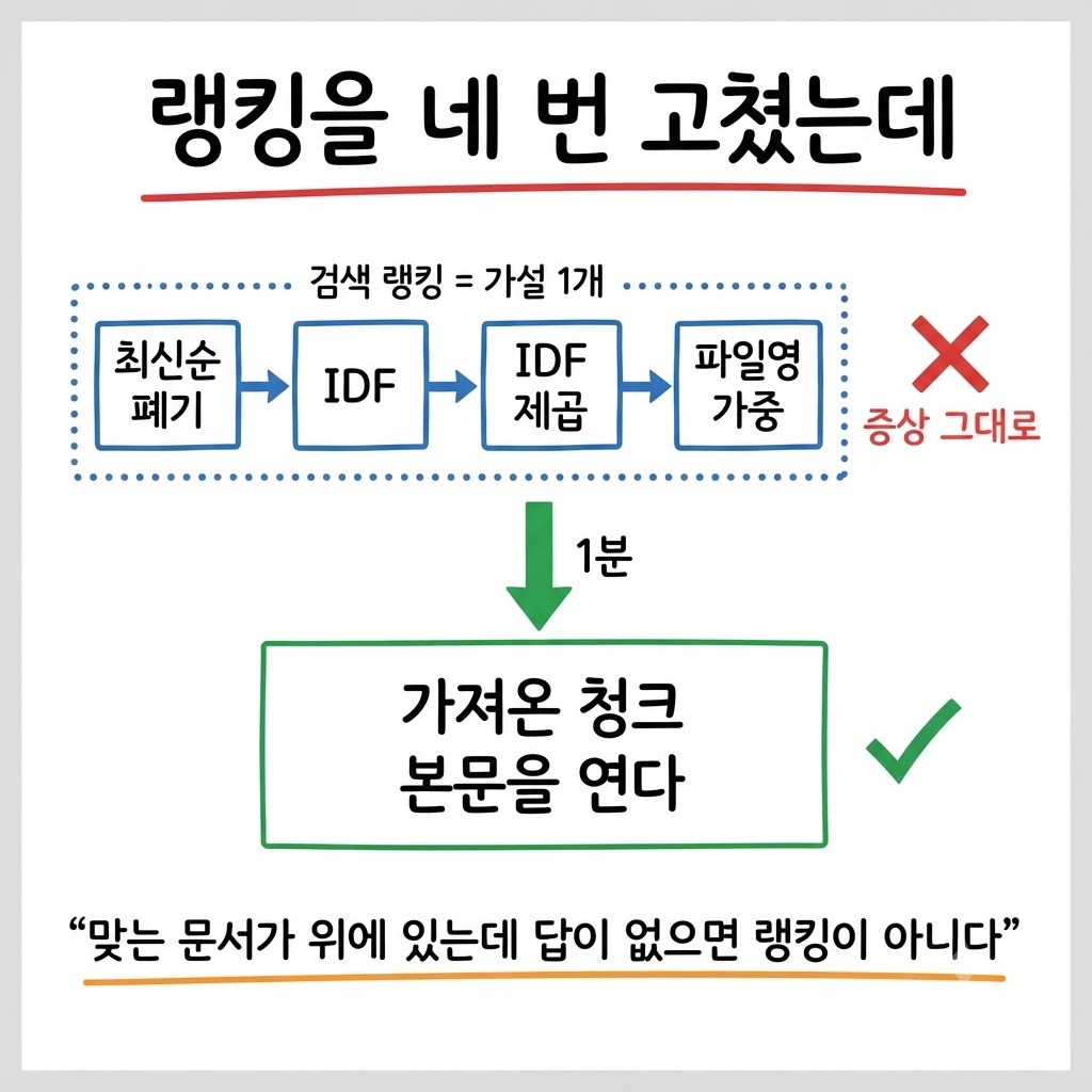 검색 랭킹을 네 번 고쳤지만 원인은 청크 본문에 있었다는 인과 다이어그램