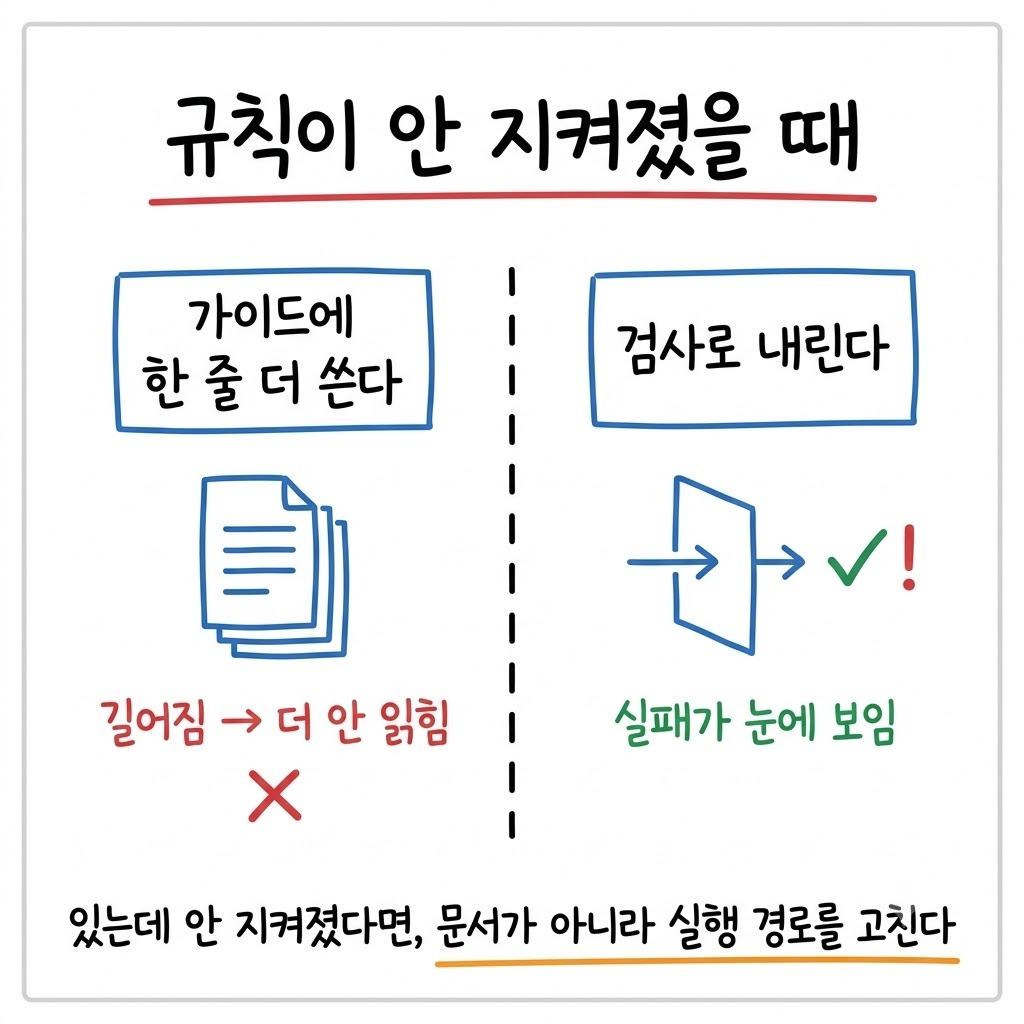 규칙이 안 지켜졌을 때 문서를 늘리는 대응과 기계 검사로 내리는 대응을 비교한 그림