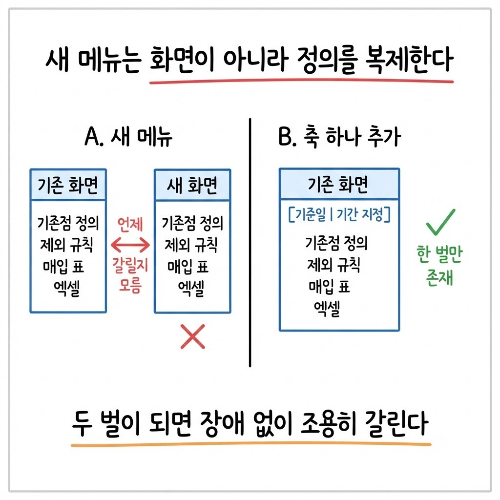 새 메뉴를 만들면 기존점 정의와 규칙 한 벌이 복제되어 갈라지는 구조와, 기존 화면에 축만 더해 한 벌로 남는 구조를 비교한 그림