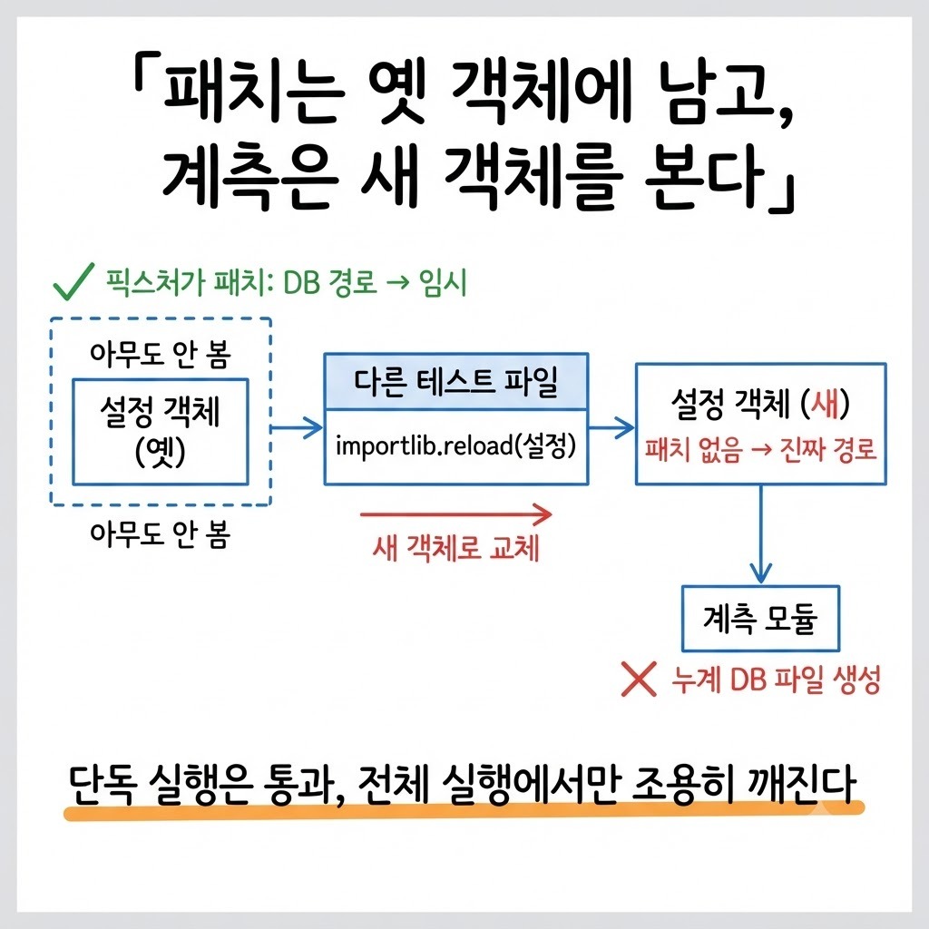 importlib.reload 로 설정 객체가 교체되어 conftest 패치가 옛 객체에만 남고 계측은 새 객체를 보는 구조