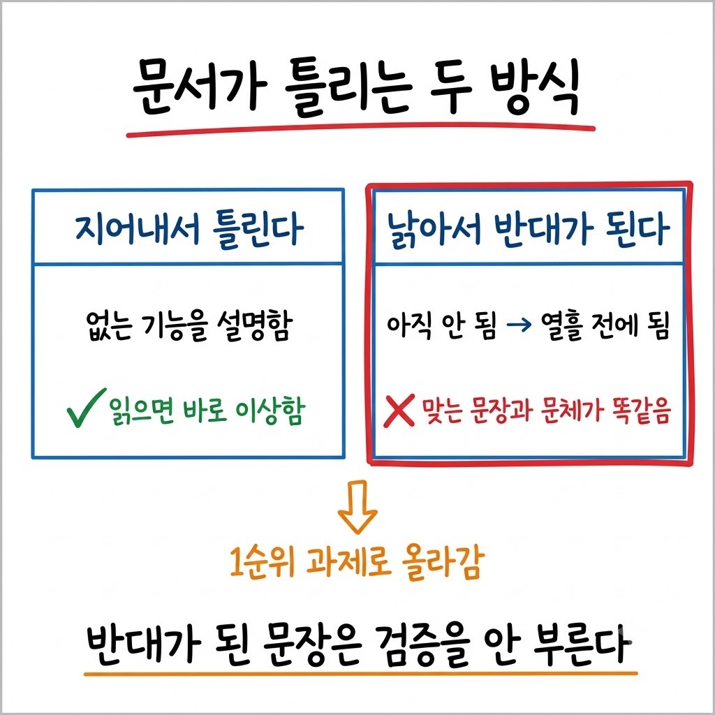 문서가 틀리는 두 가지 방식을 좌우로 비교한 그림