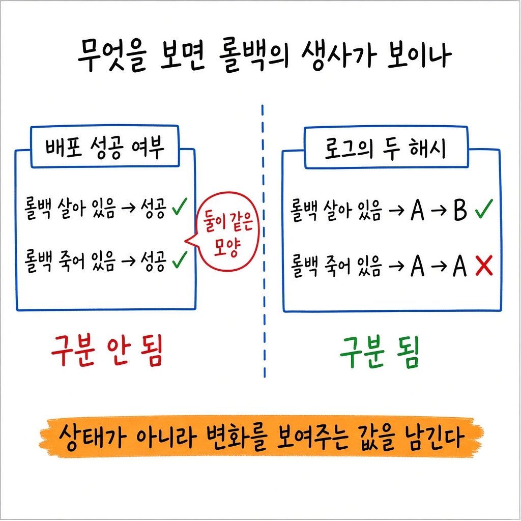 배포 로그의 두 해시가 같았습니다 — 롤백은 몇 달째 무동작이었습니다 그림 3