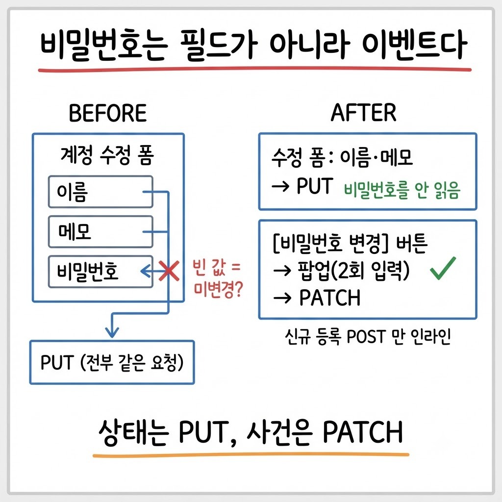 계정 수정 폼 안의 비밀번호칸(PUT 하나)과 전용 PATCH 이벤트로 분리한 뒤의 구조 BEFORE/AFTER 비교