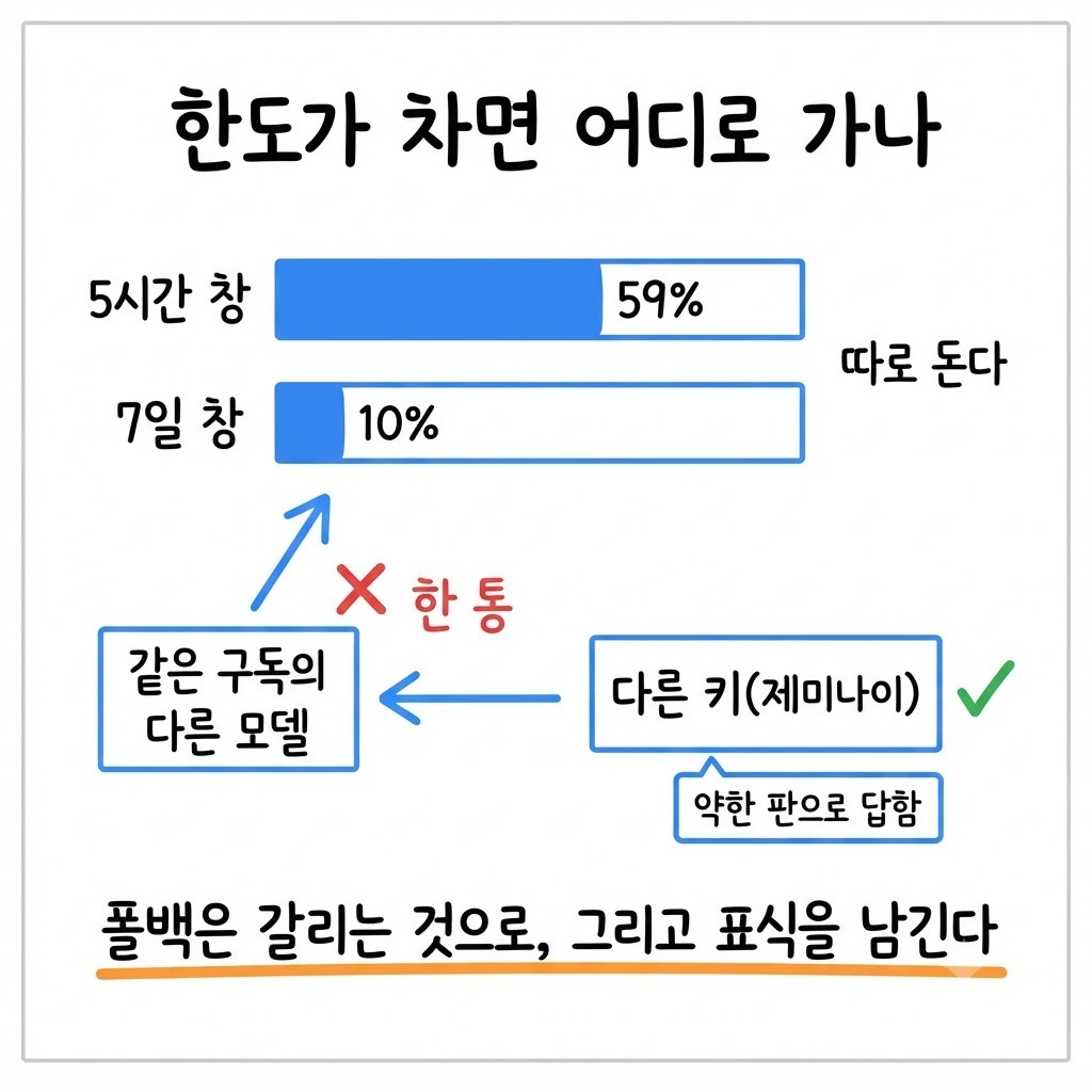 구독 LLM 한도 초과 폴백 — 같은 구독의 다른 모델은 한 통이고 다른 키로 가되 약한 판 표식을 남긴다