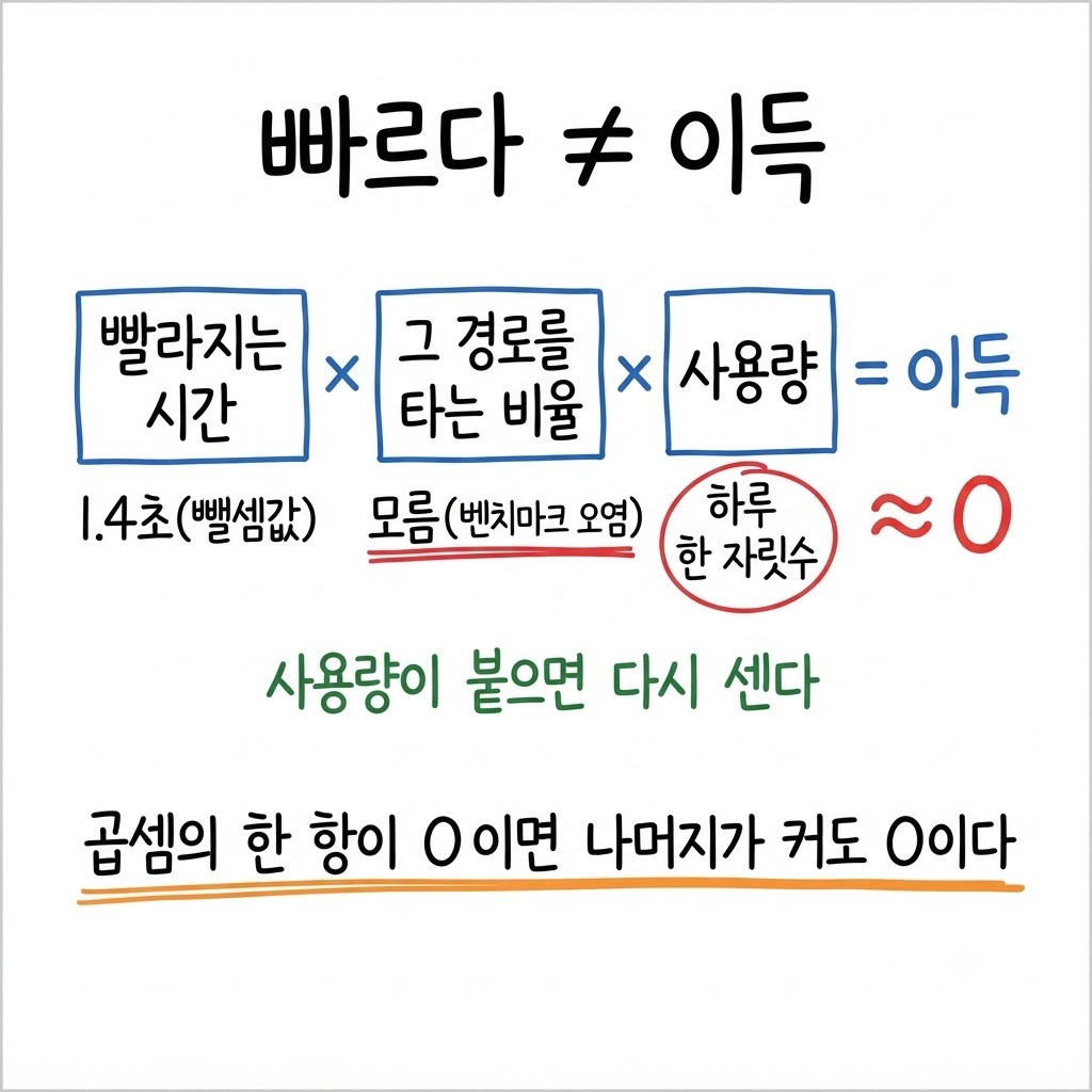 이득은 빨라지는 시간과 경로 비율과 사용량의 곱이라 한 항이 0 에 가까우면 전체가 0 이 되는 계산식