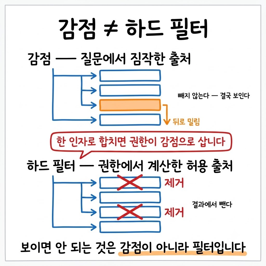 감점과 하드 필터를 위아래로 비교한 그림. 감점은 순위만 밀고 하드 필터는 결과에서 뺀다