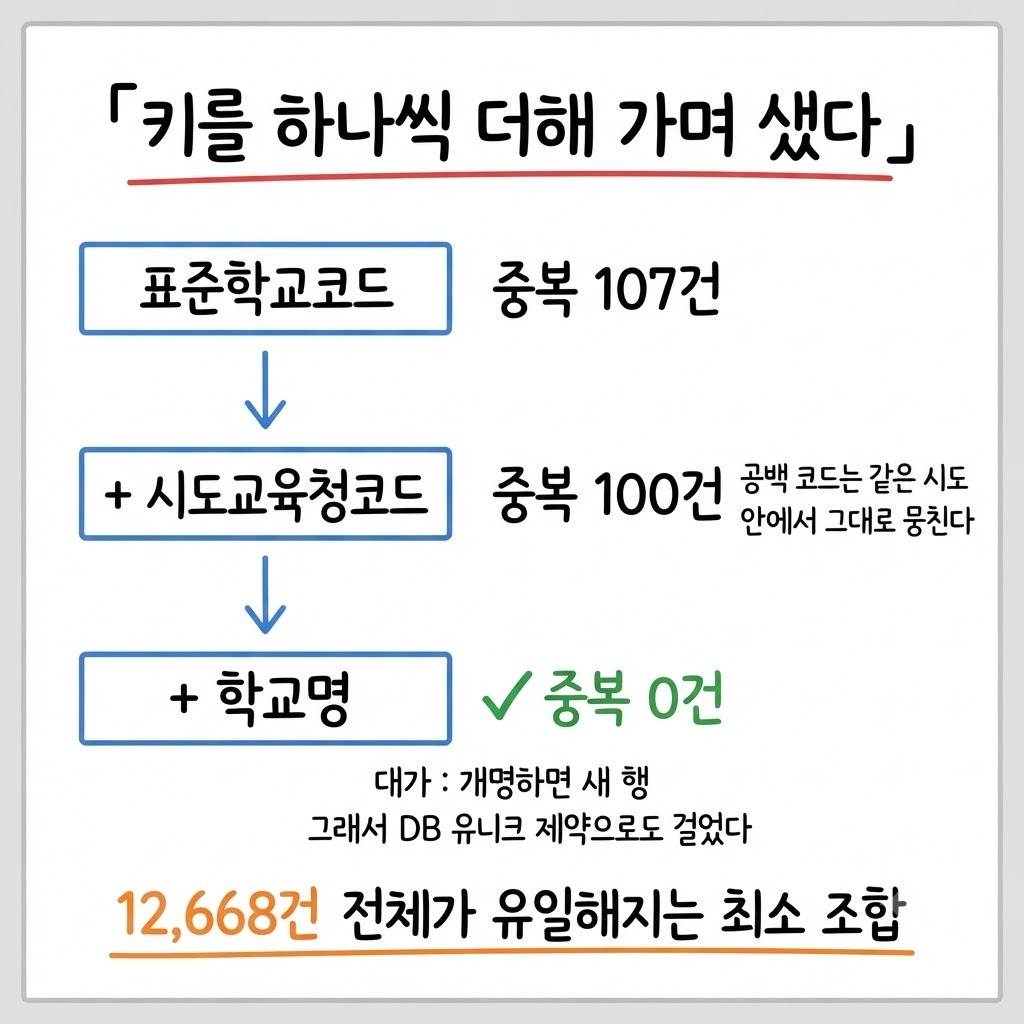 유니크키 후보를 하나씩 더하며 중복을 107건에서 0건까지 좁힌 과정