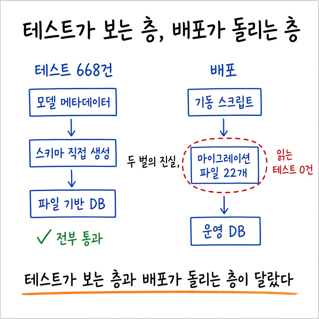 3편 — 테스트 668건이 전부 통과했는데, 마이그레이션 파일은 한 줄도 안 읽고 있었습니다