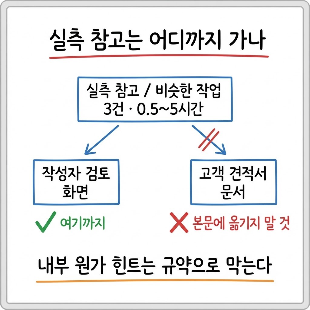 실측 참고의 노출 경계 — 작성자 검토 화면까지는 가고 고객 견적서 문서에는 가지 않는다