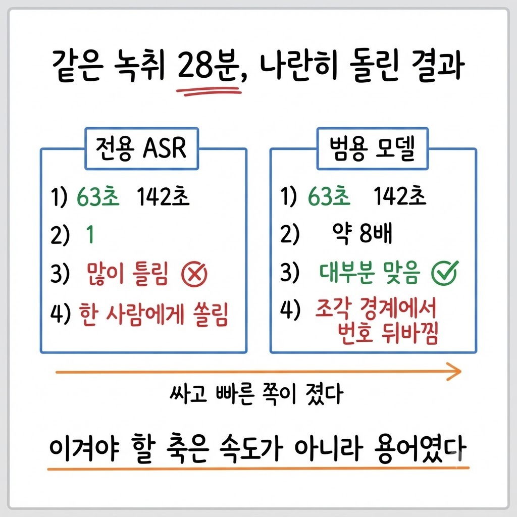 전용 ASR 과 범용 모델을 같은 녹취로 견준 네 축 비교표