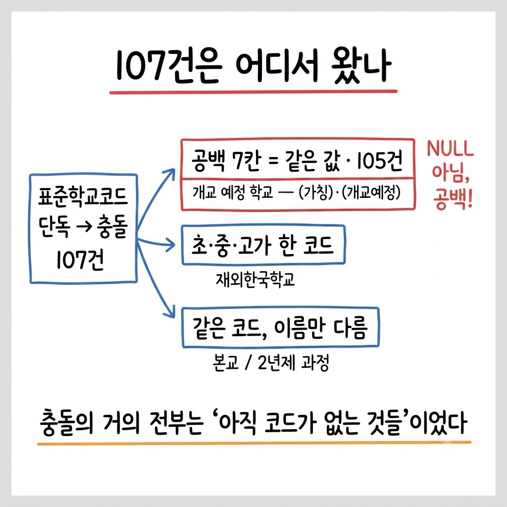 표준학교코드 충돌 107건의 세 가지 원인 — 공백 코드 105건이 대부분