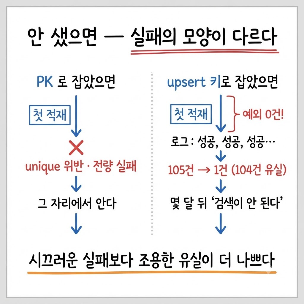 같은 키를 PK로 걸었을 때와 upsert 키로 썼을 때 — 시끄러운 실패와 조용한 유실의 대비