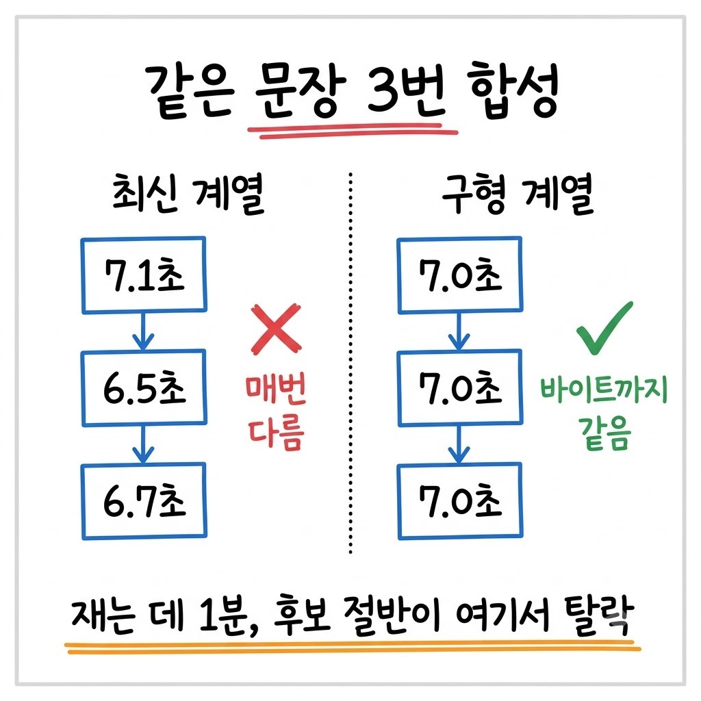 같은 문장을 세 번 합성했을 때 최신 계열은 길이가 매번 달라지고 구형 계열은 바이트까지 같은 결과를 내는 비교 그림
