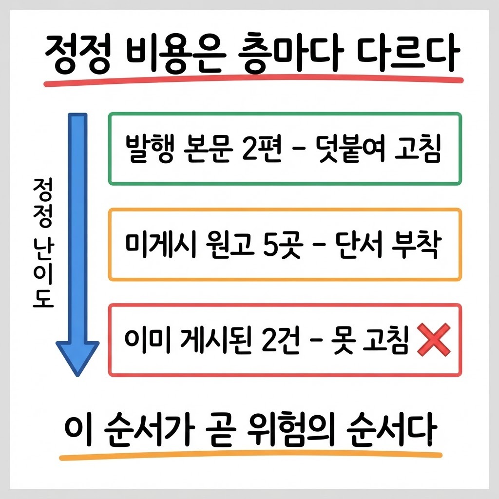 발행물 정정 경로가 본문·미게시 원고·게시된 SNS 세 층으로 갈리고 아래로 갈수록 정정이 어려워지는 구조를 그린 그림