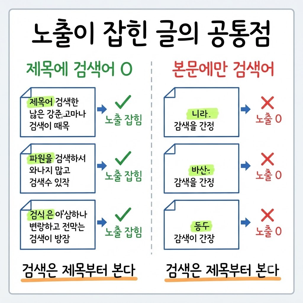 제목에 검색어가 있는 글만 노출에 잡히고 본문에만 있는 글은 잡히지 않는 대비 그림