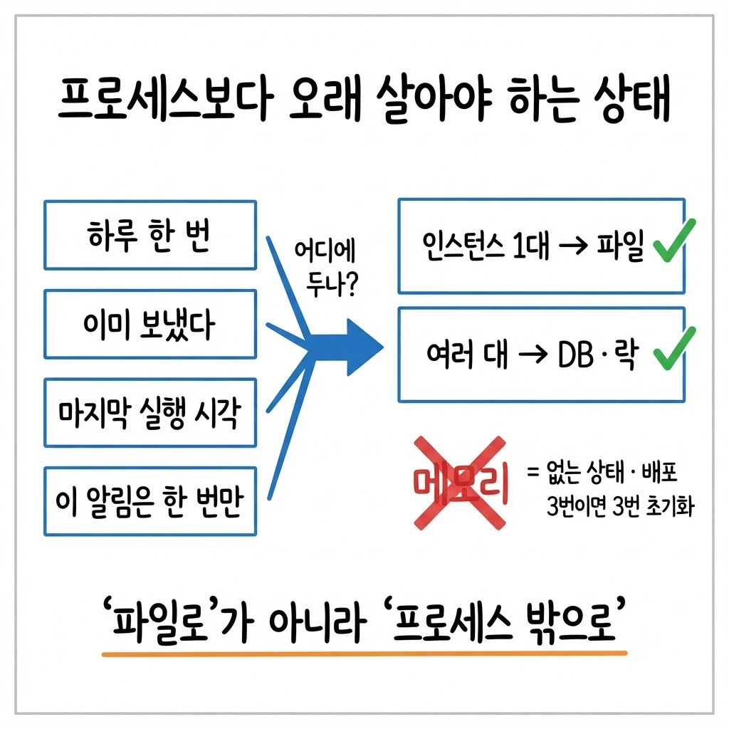 프로세스보다 오래 살아야 하는 상태 네 가지와 그것을 둘 자리(파일·DB·락), 메모리는 없는 상태와 같다는 정리