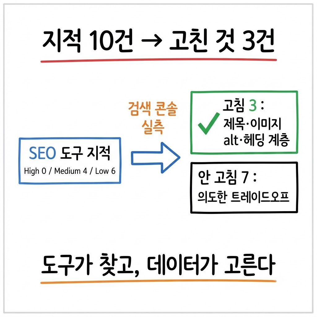 SEO 감사 지적 10건이 자기 데이터 판정을 거쳐 3건으로 걸러지는 흐름도