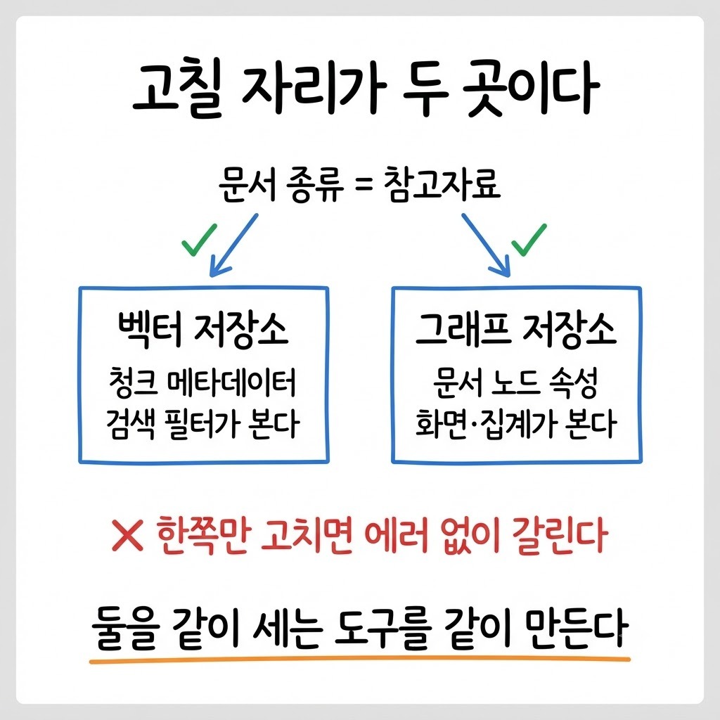 검색 필터가 보는 벡터 저장소와 화면이 보는 그래프 저장소를 같이 고쳐야 한다는 구조도