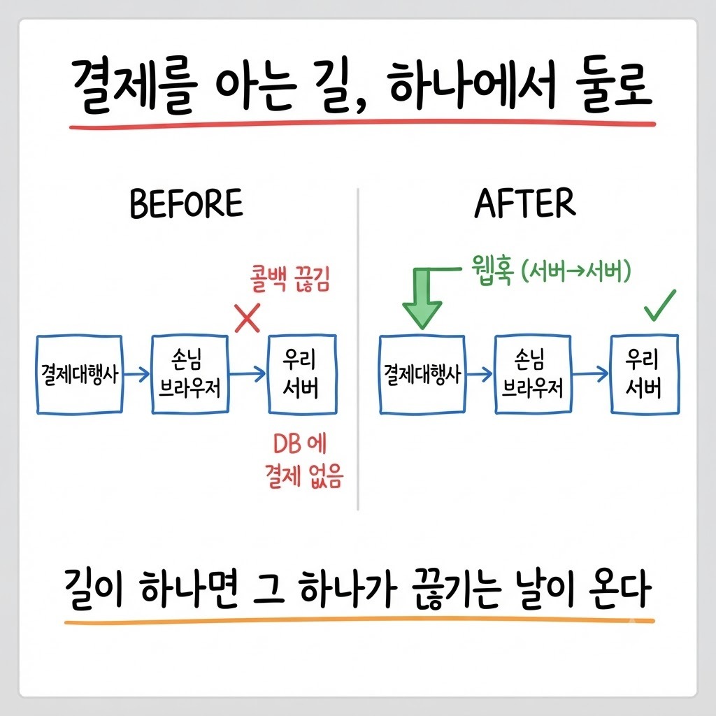결제 사실을 아는 경로가 브라우저 콜백 하나였다가 대행사 웹훅이 더해져 둘이 되는 구조 비교