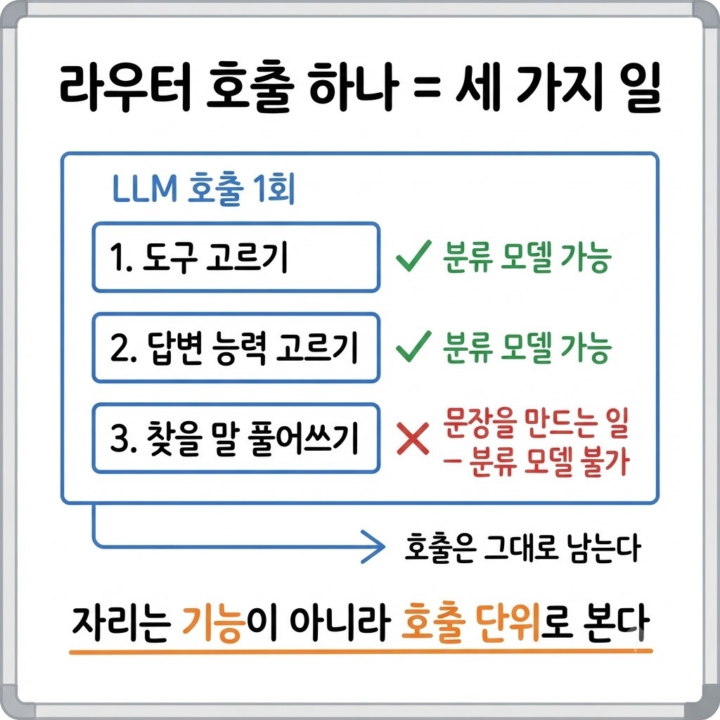 라우터 호출 하나 안에 도구 고르기·답변 능력 고르기·찾을 말 풀어쓰기 세 일이 묶여 있어 분류 모델이 셋째를 못 하는 구조