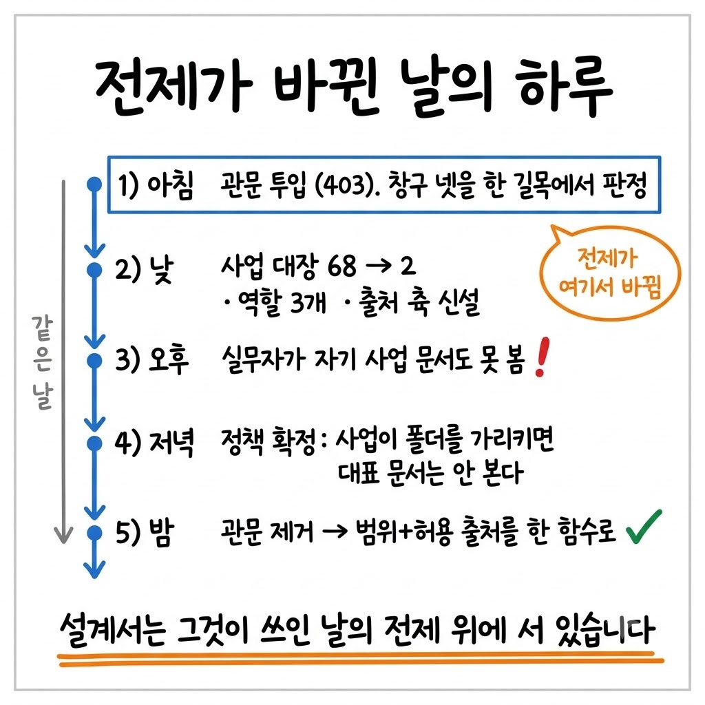 아침 관문 투입부터 밤 관문 제거까지 하루의 결정이 뒤집힌 과정을 시간순으로 그린 그림