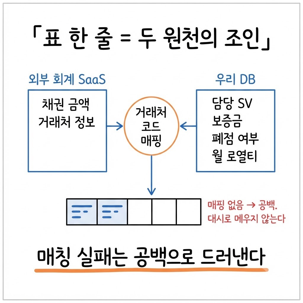 외부 회계 SaaS 와 사내 DB 를 거래처 코드 매핑으로 조인해 미수채권 표 한 줄을 만드는 구조와 미매칭 공백 처리