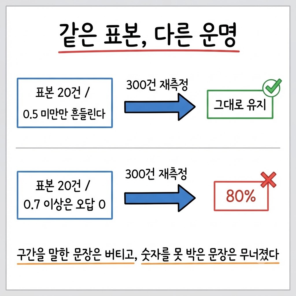 표본 20건에서 나온 두 문장 중 구간을 말한 쪽은 300건에서 버티고 숫자를 못 박은 쪽은 무너진 것을 비교한 그림