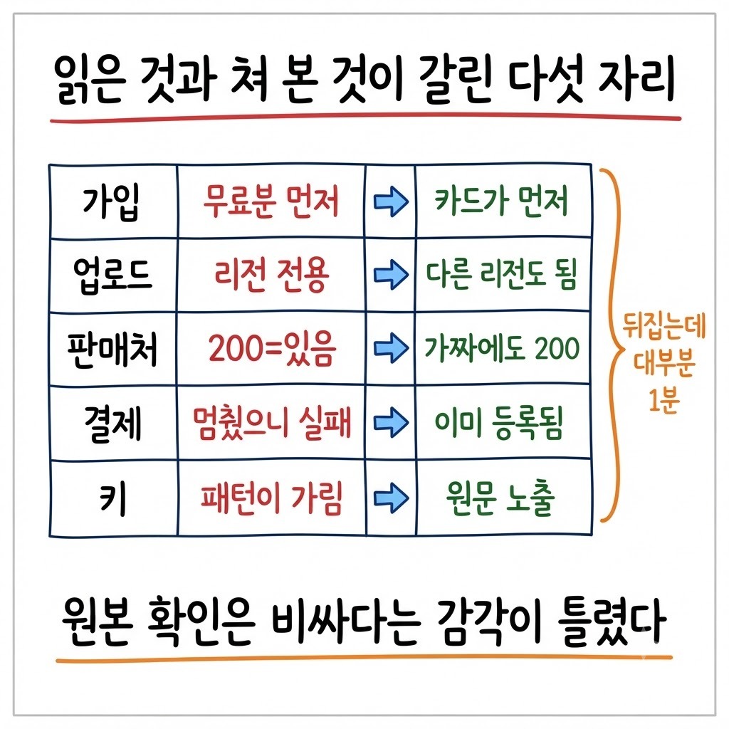 다섯 자리에서 읽은 것과 쳐 본 것이 갈렸고 뒤집는 비용이 1분 안팎이었음을 보여주는 표 형태 정리