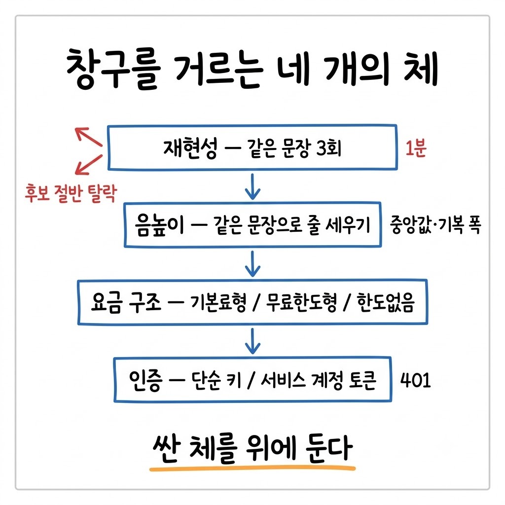 창구 선정에서 재현성 관문을 통과한 뒤에야 음높이·요금·인증을 보는 4단계 깔때기 그림