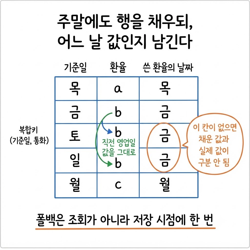 주말·공휴일에도 환율 행을 채우되 어느 날짜의 환율을 썼는지 출처 컬럼으로 남기는 테이블 구조