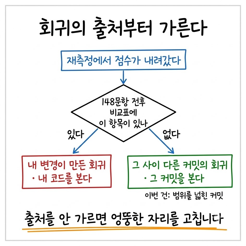 재측정에서 내려간 항목의 원인을 내 변경과 그 사이 다른 커밋으로 가르는 판단 흐름도
