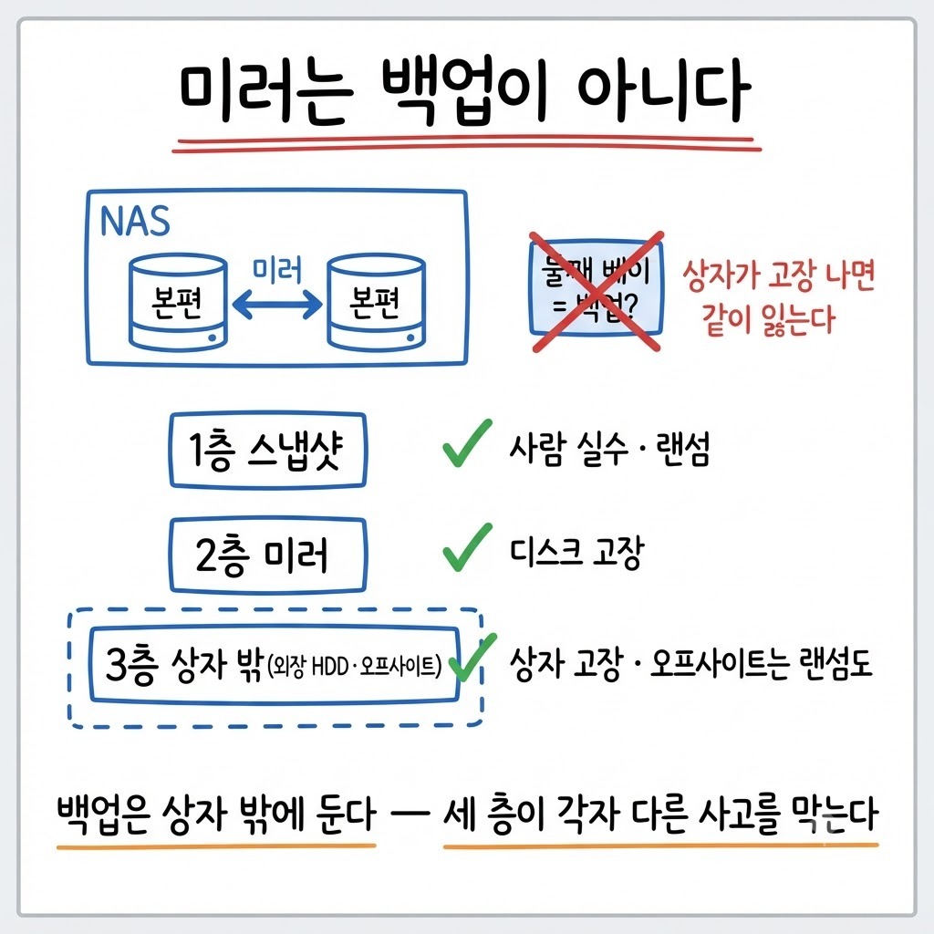 스냅샷·미러·상자 밖 백업 세 층이 각각 어떤 사고를 막는지 보여주는 그림