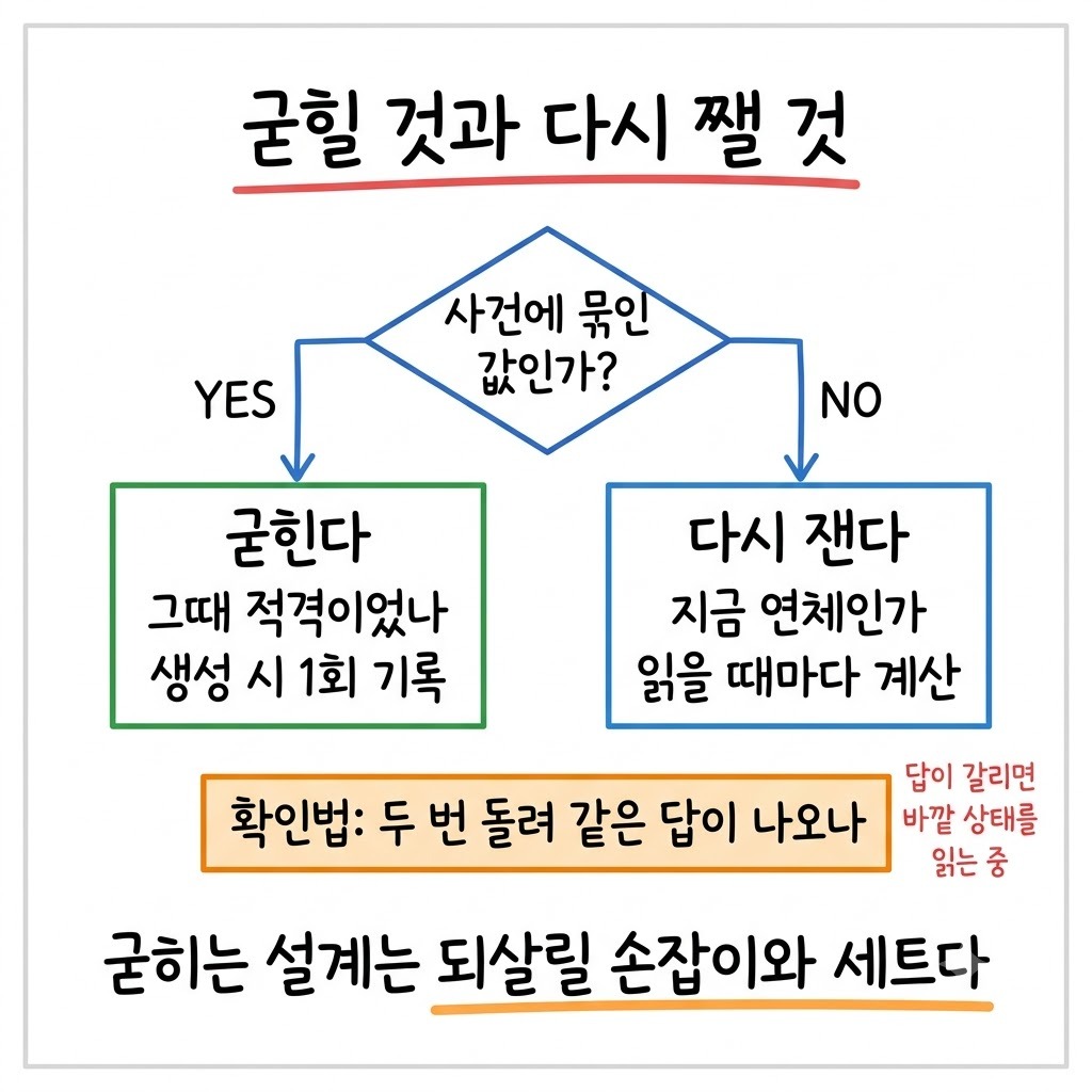 굳히는 값과 다시 재는 값을 갈라놓고 판단 기준을 보여주는 그림