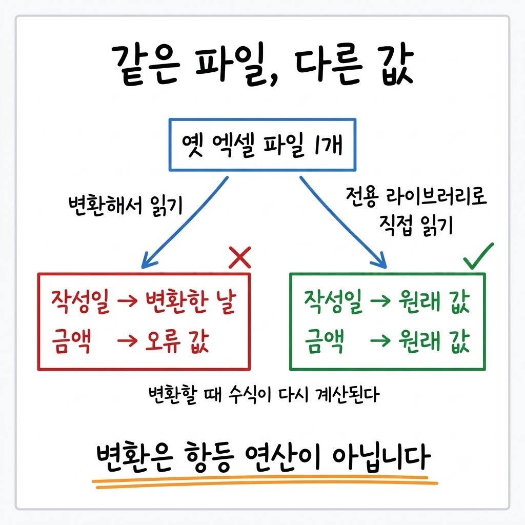 파일 변환이 엑셀 수식을 다시 계산했고, 파서는 끝까지 성공이라고 답했습니다