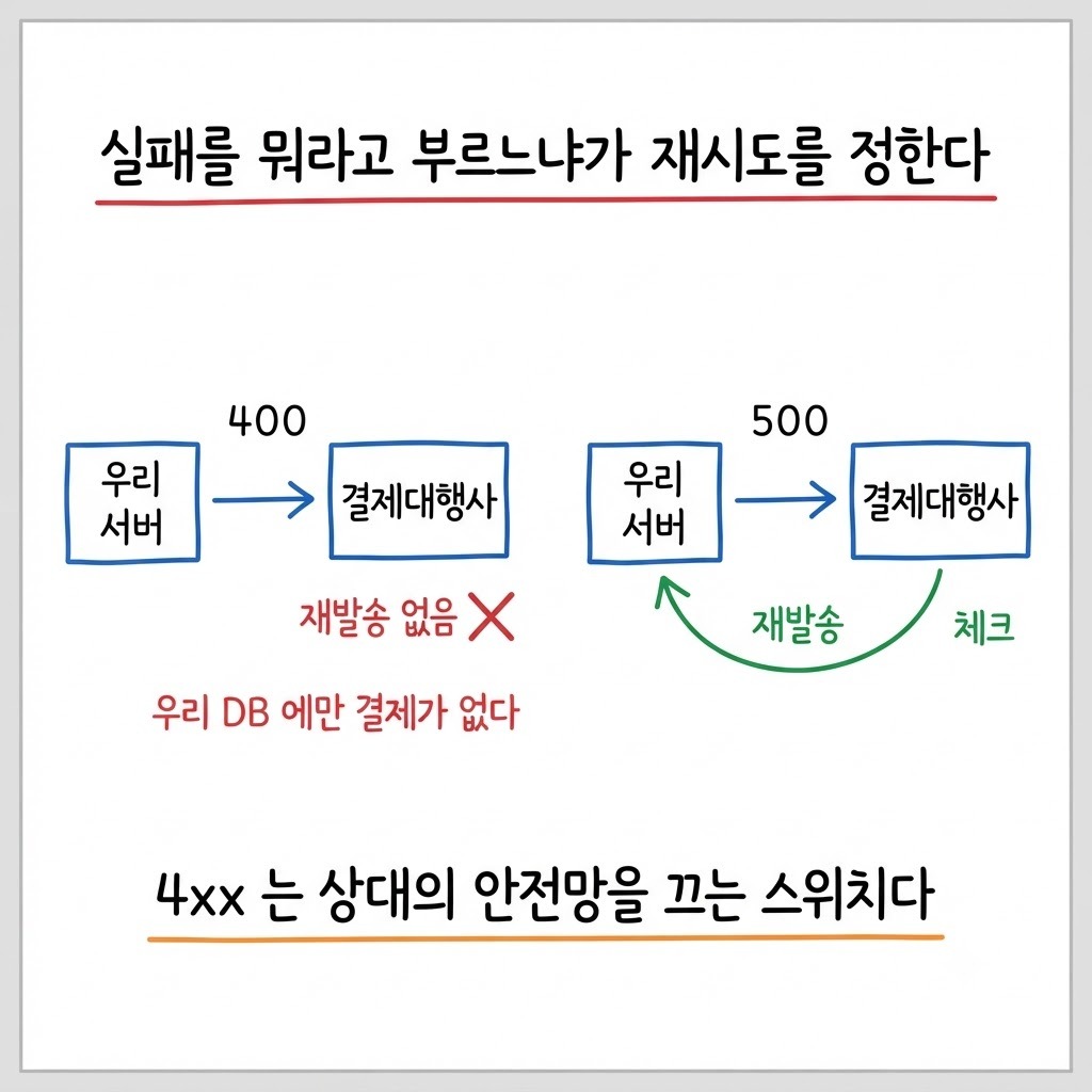 웹훅 실패에 400을 주면 재발송이 멈추고 500을 주면 대행사가 다시 보내는 차이 비교