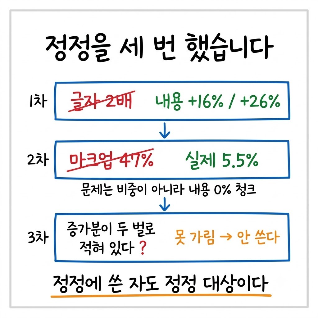 같은 개선을 세 번 정정하면서 숫자가 계속 깎인 3단 흐름 그림