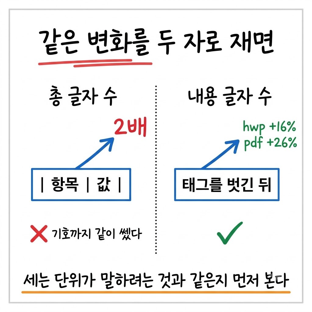 총 글자 수 자와 내용 글자 수 자가 같은 변화를 서로 다르게 말하는 비교 그림