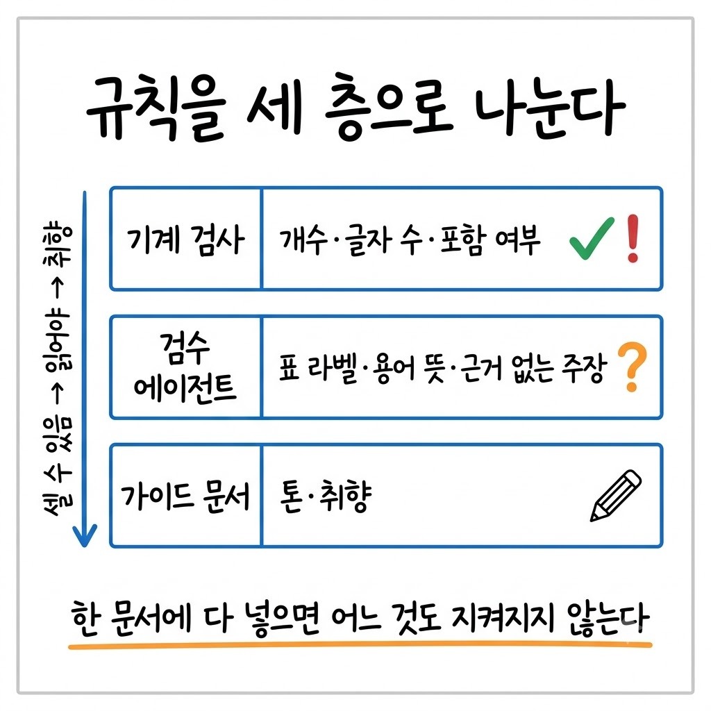 글 품질 규칙을 기계 검사·검수 에이전트·가이드 문서 세 층으로 나눈 그림